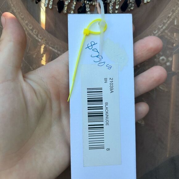 Jovani long sleeve jersey embellished illusion neckline gown size 8 Black NWT - Picture 8 of 11